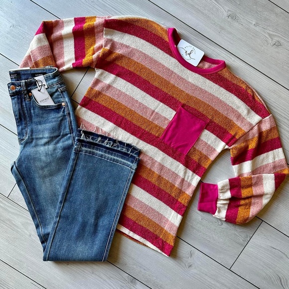 NEW Heimish Chenille Balloon Puff Long Sleeve Stripe Pocket Pink Sweater Top - Picture 2 of 4